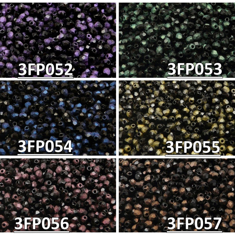 Set of Czech Fire-Polished Glass Beads Round 3mm - 6 colors (3FP052 3FP053 3FP054 3FP055 3FP056 3FP057)
