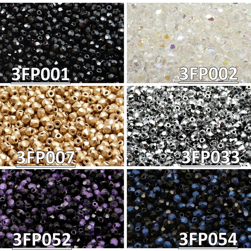 Set of Czech Fire-Polished Glass Beads Round 3mm - 6 colors (3FP001 3FP002 3FP007 3FP033 3FP052 3FP054)