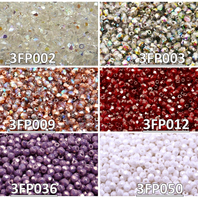 Set of Czech Fire-Polished Glass Beads Round 3mm - 6 colors (3FP002 3FP003 3FP009 3FP012 3FP036 3FP050)