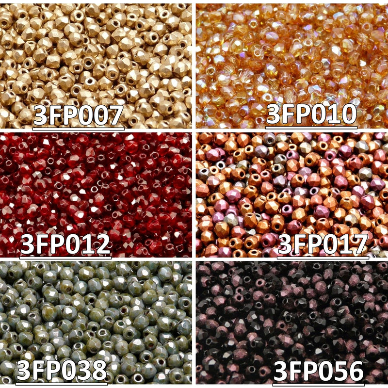 Set of Czech Fire-Polished Glass Beads Round 3mm - 6 colors (3FP007 3FP010 3FP012 3FP017 3FP038 3FP056)