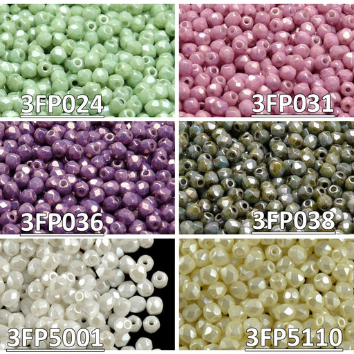 Set of Czech Fire-Polished Glass Beads Round 3mm - 6 colors (3FP024 3FP031 3FP036 3FP038 3FP5001 3FP5110)