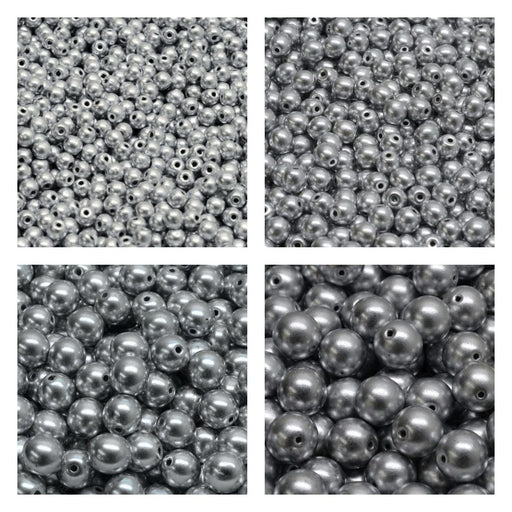 Set of Round Beads (3mm, 4mm, 6mm, 8mm), Silver Matte, Czech Glass