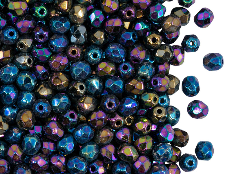 Set of Round Fire Polished Beads (3mm, 4mm, 6mm, 8mm), Jet Iris Rainbow, Czech Glass