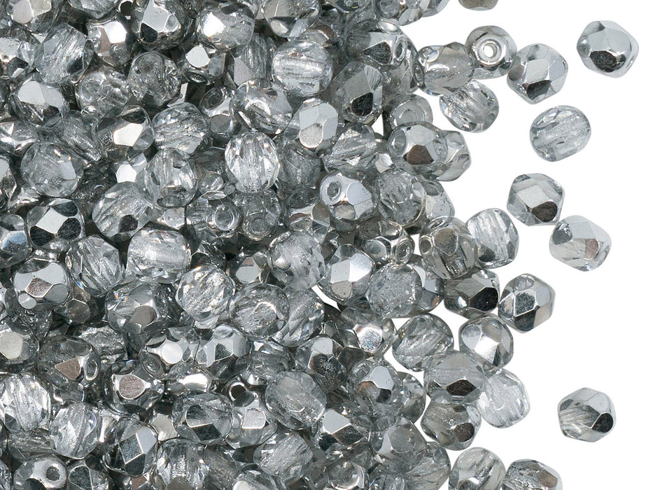 100 pcs Fire Polished Faceted Beads Round, 4mm, Crystal Labrador (Crystal Silver), Czech Glass