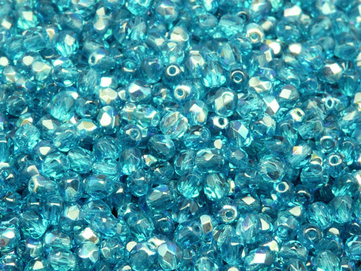 100 pcs Fire Polished Faceted Beads Round, 4mm, Aquamarine AB, Czech Glass