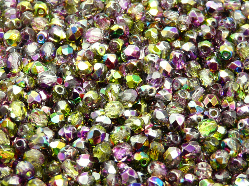 100 pcs Fire Polished Faceted Beads Round, 4mm, Magic Violet Green, Czech Glass