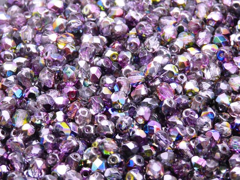 100 pcs Fire Polished Faceted Beads Round, 4mm, Magic Violet Gray, Czech Glass