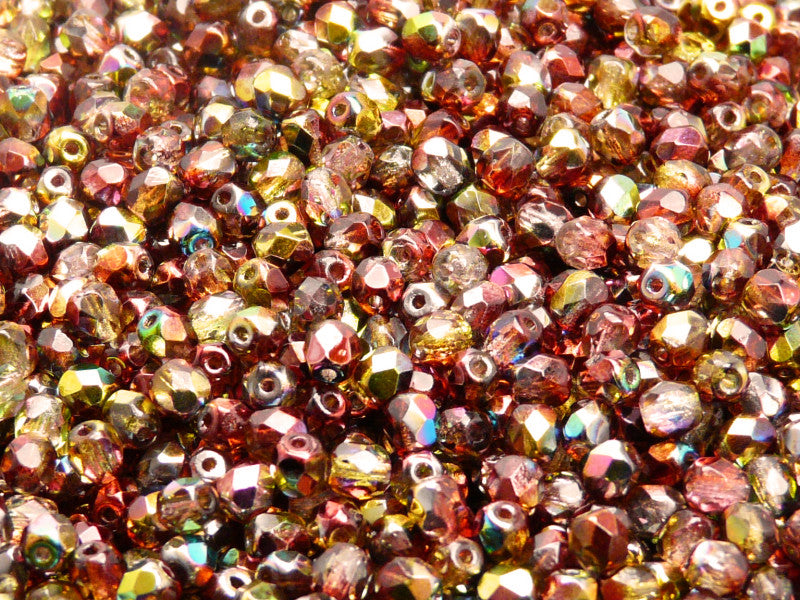 Set of Round Fire Polished Beads (3mm, 4mm, 6mm, 8mm), Magic Red Yellow, Czech Glass