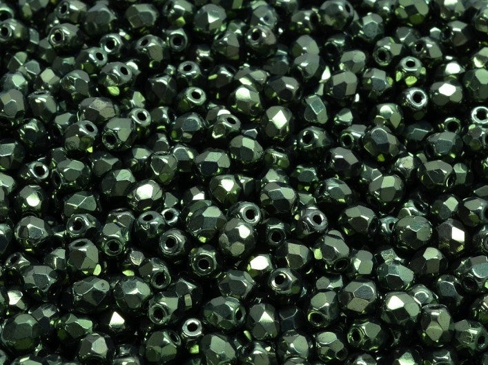 Set of Round Fire Polished Beads (3mm, 4mm, 6mm, 8mm), Jet Green Luster, Czech Glass