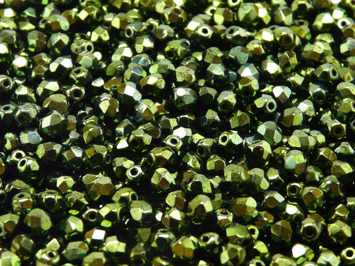 100 pcs Fire Polished Faceted Beads Round, 4mm, Jet Green Luster, Czech Glass