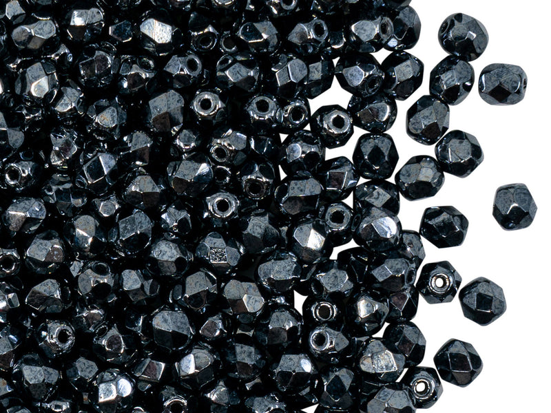 100 pcs Fire Polished Faceted Beads Round, 4mm, Jet Hematite (Gray), Czech Glass