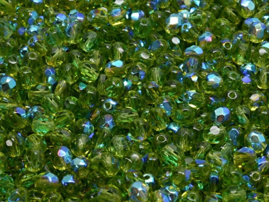 100 pcs Fire Polished Faceted Beads Round, 4mm, Olivine AB, Czech Glass