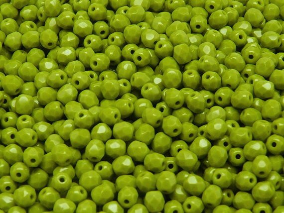 100 pcs Fire Polished Faceted Beads Round, 4mm, Opaque Green Luster, Czech Glass