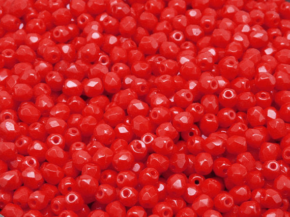 100 pcs Fire Polished Faceted Beads Round, 4mm, Opaque Coral Red, Czech Glass