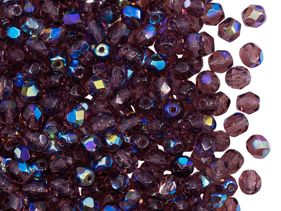 100 pcs Fire Polished Faceted Beads Round, 4mm, Amethyst AB, Czech Glass
