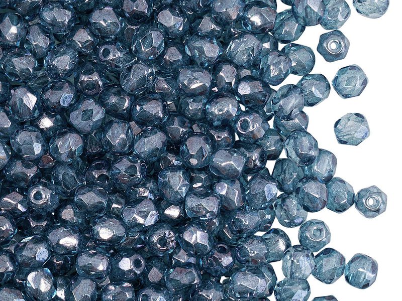 100 pcs Fire Polished Faceted Beads Round, 4mm, Crystal Blue Luster, Czech Glass
