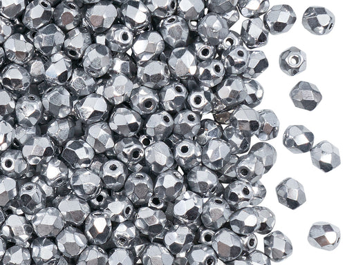 100 pcs Fire Polished Faceted Beads Round, 4mm, Crystal Full Labrador (Silver Metallic), Czech Glass