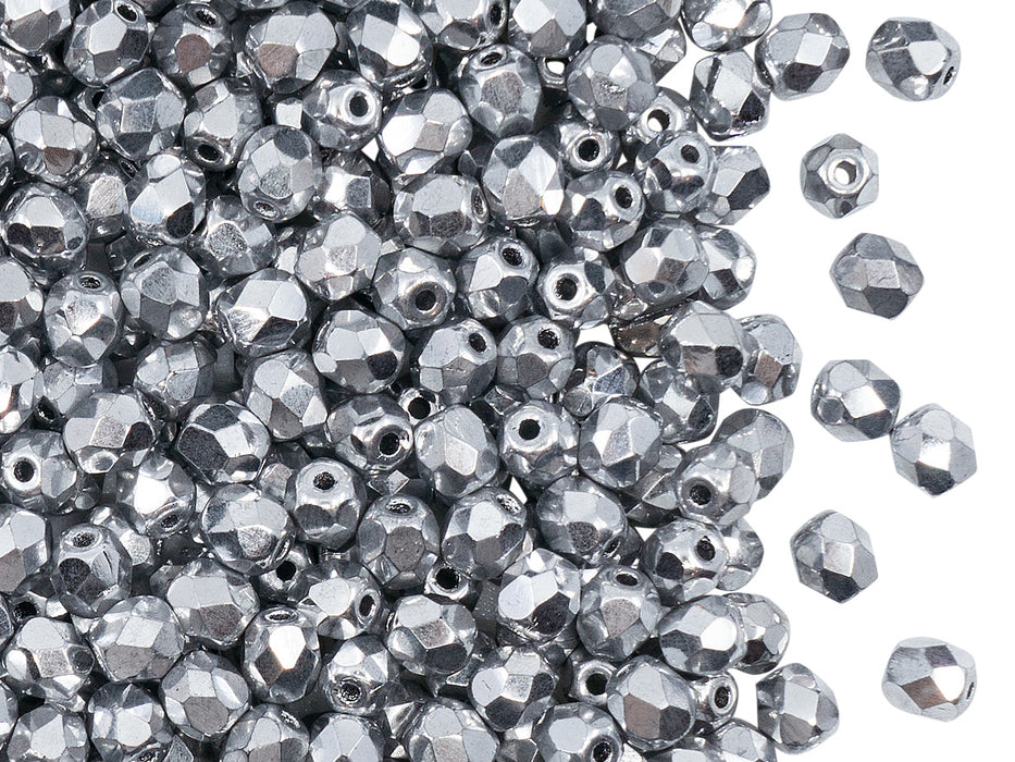 100 pcs Fire Polished Faceted Beads Round, 4mm, Crystal Full Labrador (Silver Metallic), Czech Glass