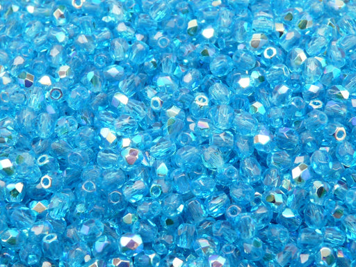 100 pcs Fire Polished Faceted Beads Round, 4mm, Aquamarine Blue AB, Czech Glass