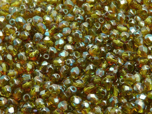100 pcs Fire Polished Faceted Beads Round, 4mm, Olivine Celsian, Czech Glass