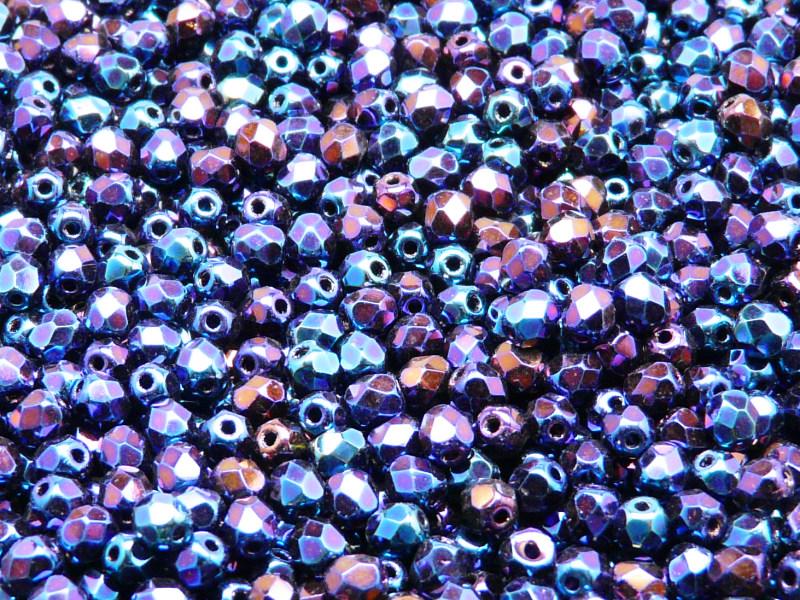 100 pcs Fire Polished Faceted Beads Round, 4mm, Jet Blue Iris, Czech Glass