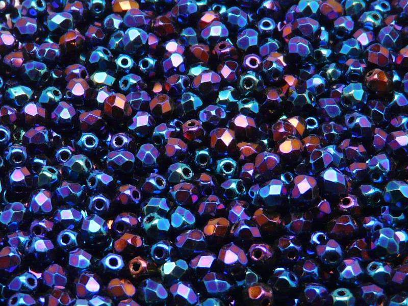100 pcs Fire Polished Faceted Beads Round, 4mm, Jet Blue Iris, Czech Glass