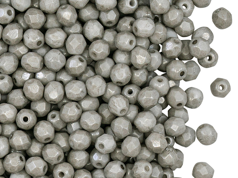 100 pcs Fire Polished Faceted Beads Round, 4mm, Chalk Jet Luster, Czech Glass