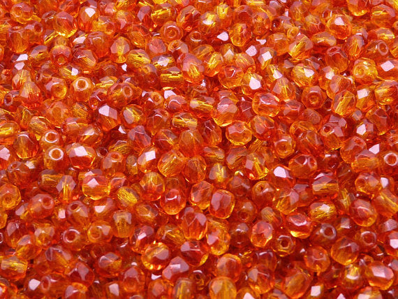 100 pcs Fire Polished Faceted Beads Round, 4mm, Crystal Orange Red, Czech Glass