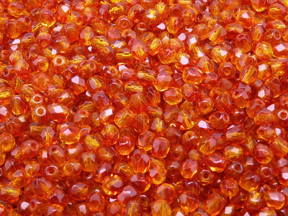 100 pcs Fire Polished Faceted Beads Round, 4mm, Crystal Orange Red, Czech Glass