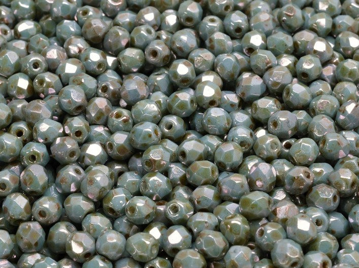 Set of Round Fire Polished Beads (3mm, 4mm, 6mm, 8mm), Chalk Blue Gray Glaze, Czech Glass