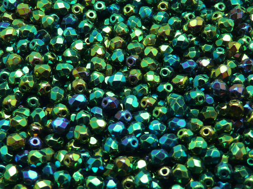 100 pcs Fire Polished Faceted Beads Round, 4mm, Jet Green Iris, Czech Glass