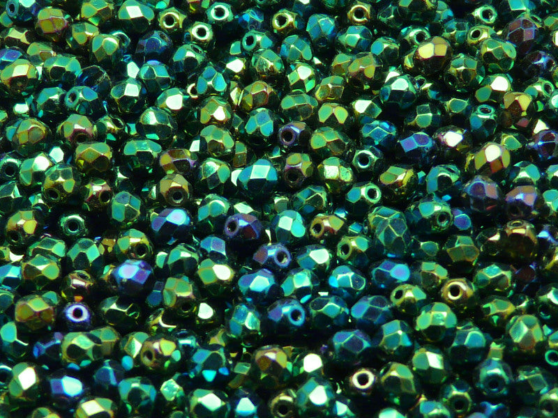 100 pcs Fire Polished Faceted Beads Round, 4mm, Jet Green Iris, Czech Glass