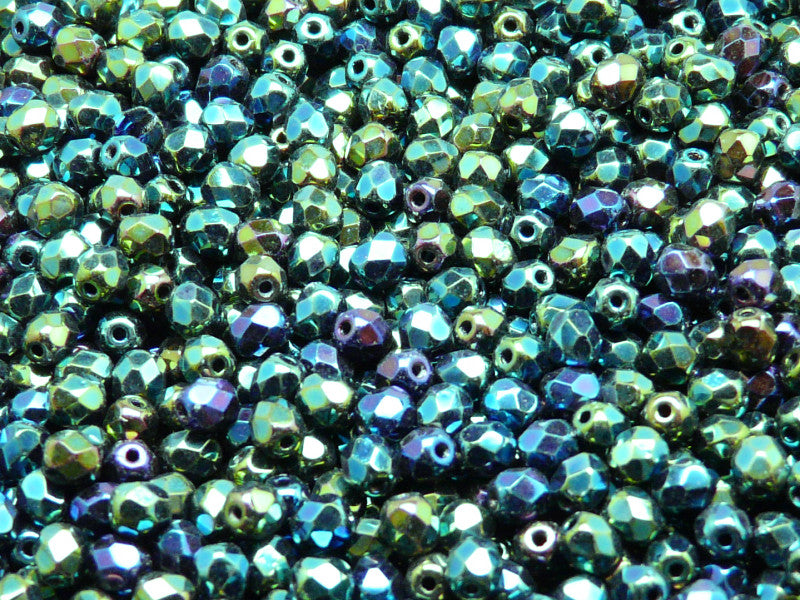 100 pcs Fire Polished Faceted Beads Round, 4mm, Jet Green Iris, Czech Glass