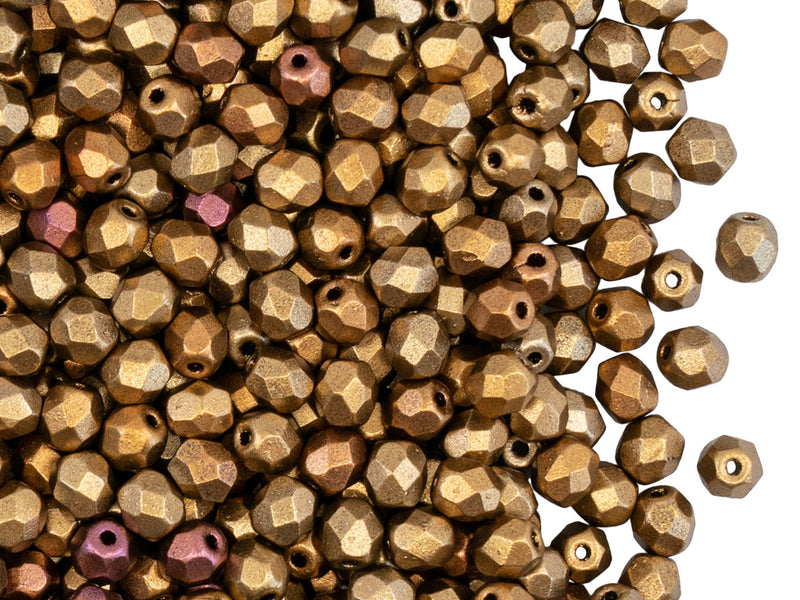 Set of Round Fire Polished Beads (3mm, 4mm, 6mm, 8mm), Silky Gold Iris Matte, Czech Glass