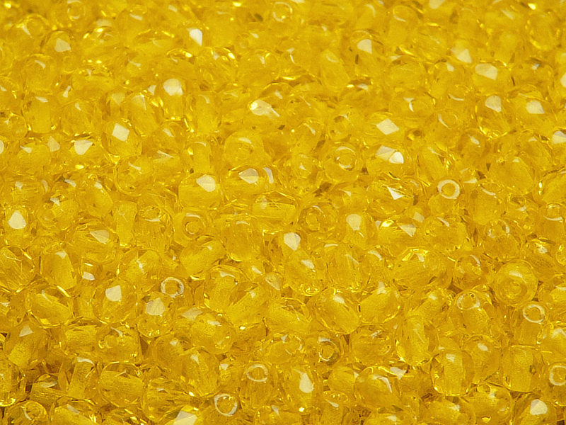 100 pcs Fire Polished Faceted Beads Round, 4mm, Amber (Yellow Transparent), Czech Glass
