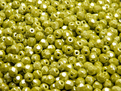 100 pcs Fire Polished Faceted Beads Round, 4mm, Opaque Green Luster, Czech Glass