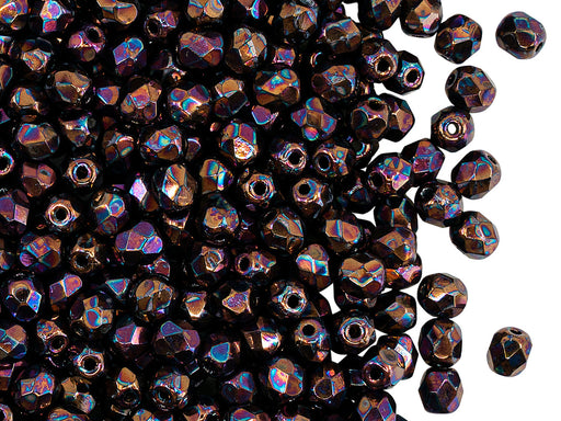 100 pcs Fire Polished Faceted Beads Round, 4mm, Jet Amethyst Rainbow Luster, Czech Glass
