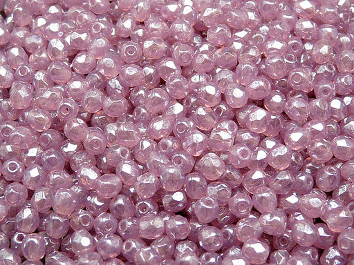 100 pcs Fire Polished Faceted Beads Round, 4mm, Violet Opal White Luster, Czech Glass
