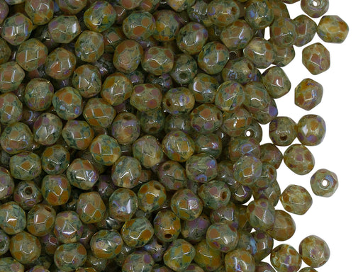 100 pcs Fire Polished Faceted Beads Round, 4mm, Aquamarine Travertine, Czech Glass