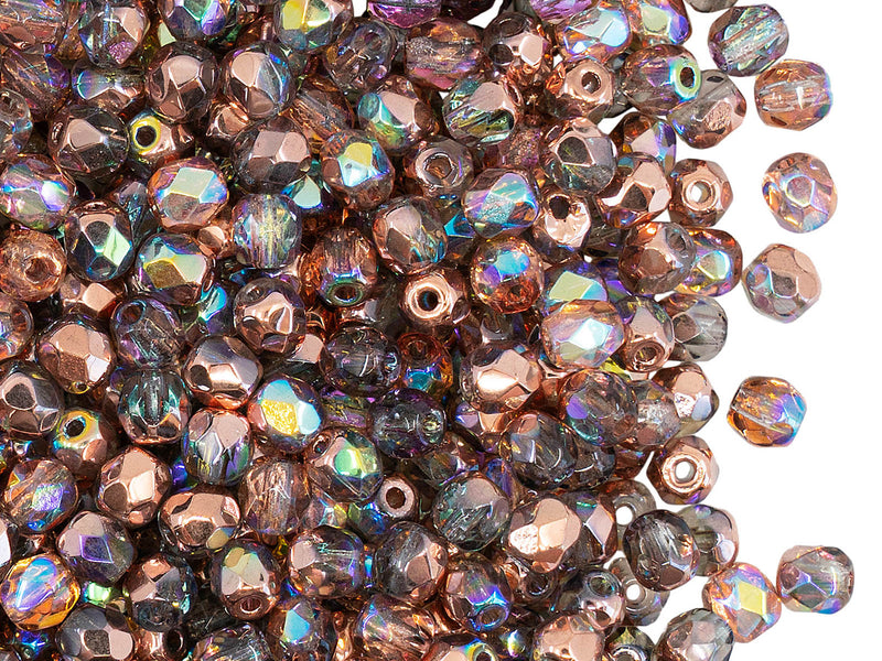 100 pcs Fire Polished Faceted Beads Round, 4mm, Crystal Copper Rainbow, Czech Glass