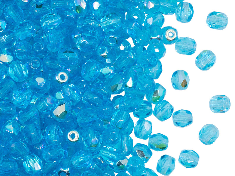 100 pcs Fire Polished Faceted Beads Round, 4mm, Aquamarine AB, Czech Glass