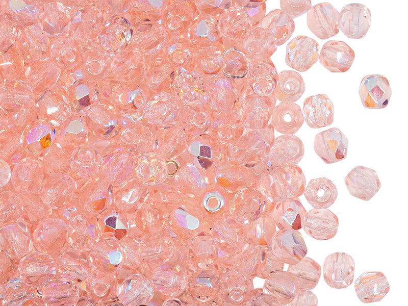 100 pcs Fire Polished Faceted Beads Round 4 mm, Rosaline AB, Czech Glass