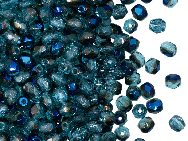 100 pcs Fire Polished Faceted Beads Round 4 mm, Aquamarine Azuro, Czech Glass