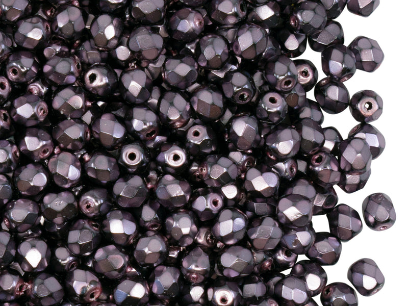 100 pcs Fire Polished Beads 4 mm, Jet Heavy Metal Violet, Czech Glass