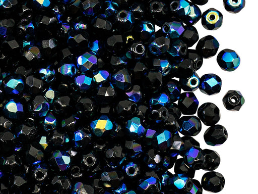 Fire Polished Faceted Beads Round 4 mm, Jet Black AB, Czech Glass