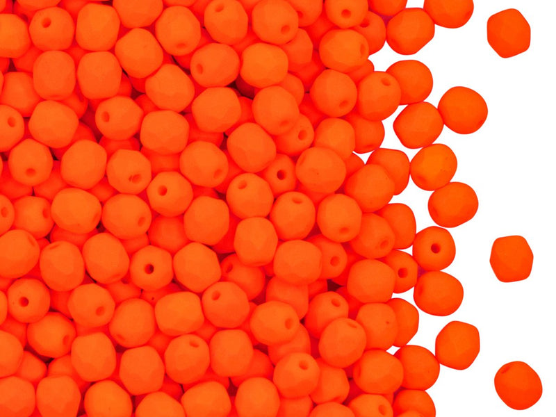 Fire Polished Faceted Beads Round 4 mm, Orange Neon, Czech Glass