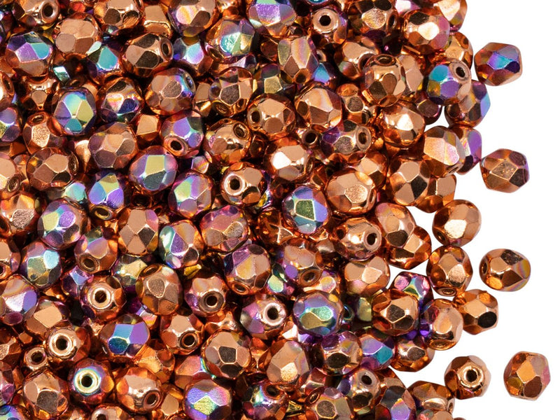 Fire Polished Faceted Beads Round 4 mm, Copper Plated AB, Czech Glass