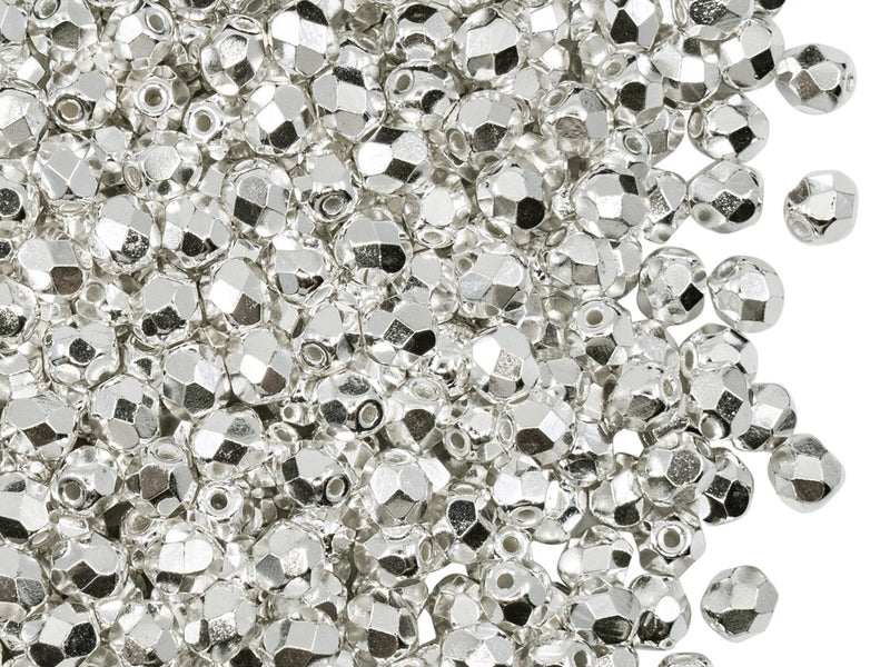 Fire Polished Faceted Beads Round 4 mm, Sterling Silver Plated, Czech Glass