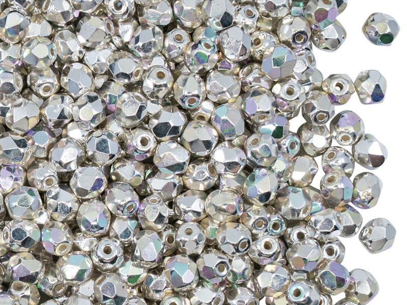 Fire Polished Faceted Beads Round 4 mm, Sterling Silver Plated AB, Czech Glass