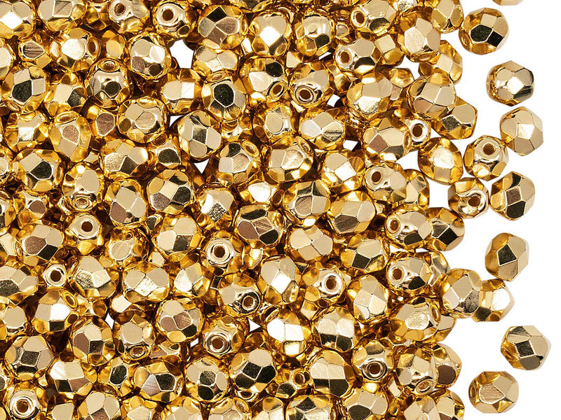100 pcs Fire Polished Faceted Beads Round 4 mm, 24KT Gold Plated, Czech Glass